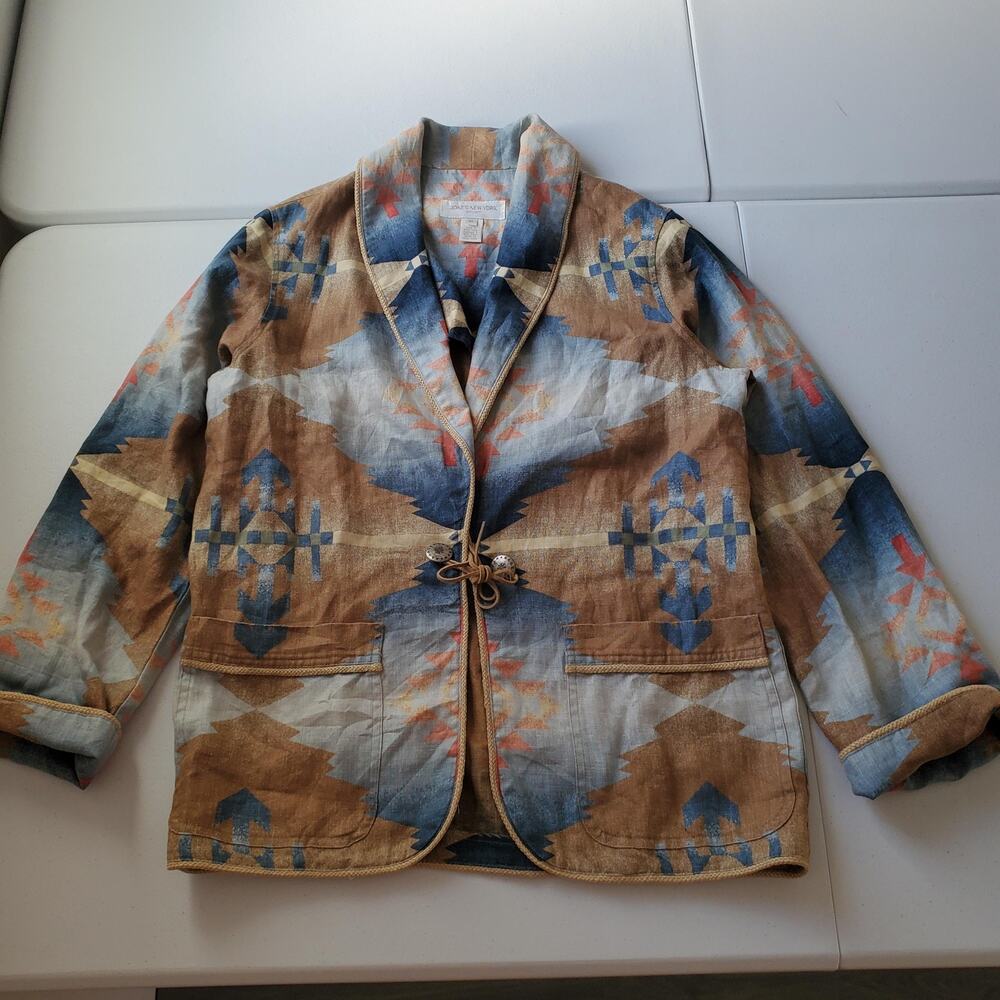 Vintage Jones New York Jacket Womens Medium Linen Aztec Southwestern Boho Tie - Picture 5 of 11